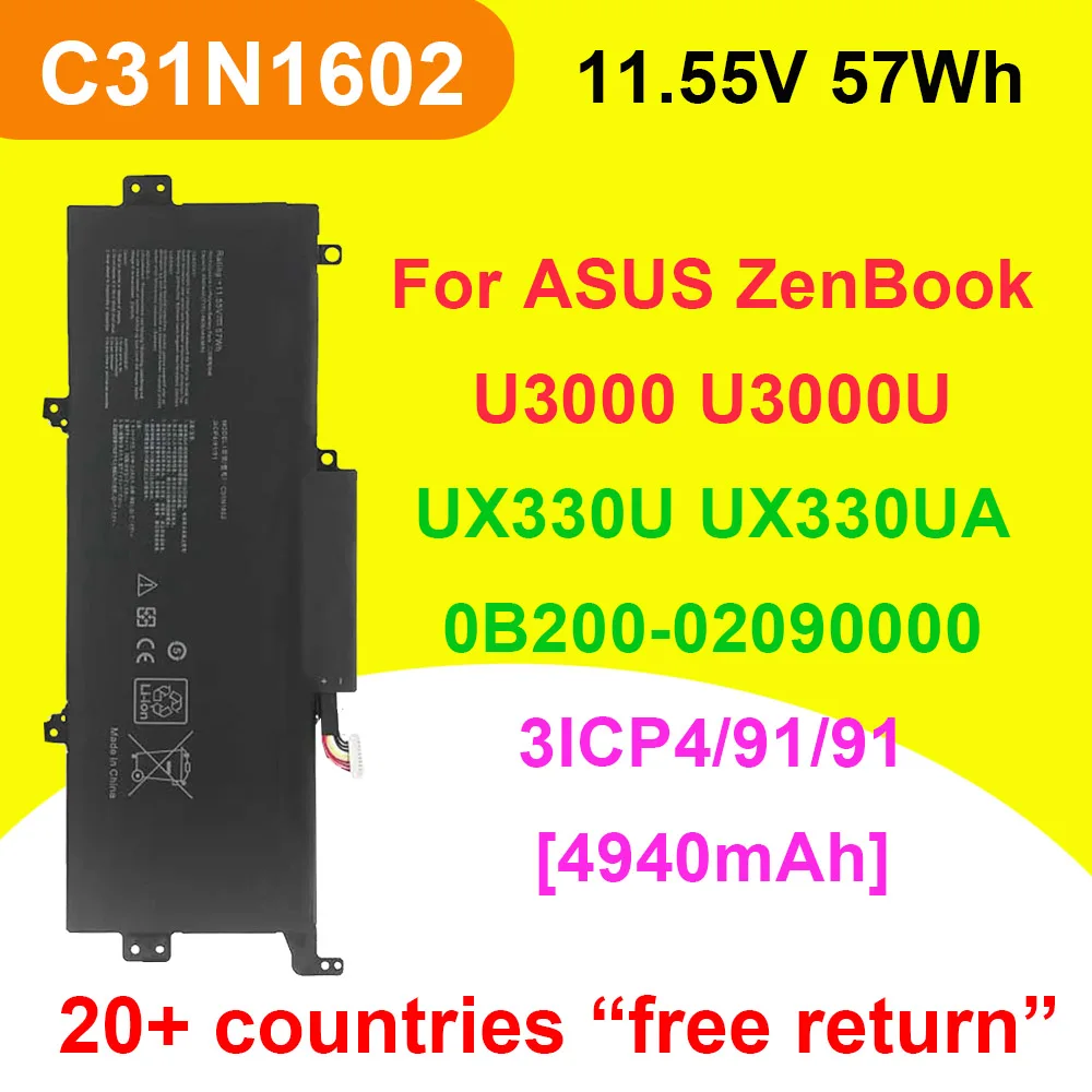 

Replacement Laptop Battery C31N1602 For ASUS U3000U UX330UA UX330UA-1A UX330UA-FB018R 3ICP4/91/91 11.55V 57Wh 4940mAh Li-Polymer