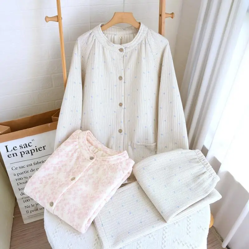 

Women's Pajama Set Autumn and Winter Women Pajamas Cotton Lined Long Sleeve Pants Simple Casual Warm Homewear Suit Outerwear