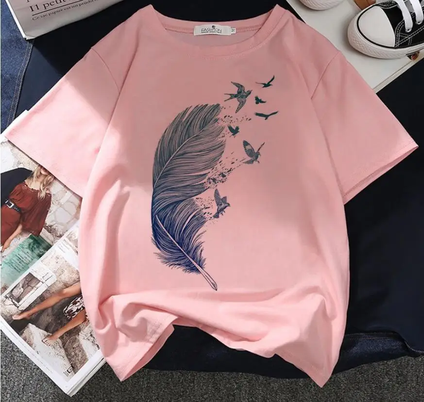 New Summer Fashion Y2k T-shirt girocollo T-shirt oversize T-shirt con stampa di piume T-shirt femminile Harajuku estetica casual manica corta