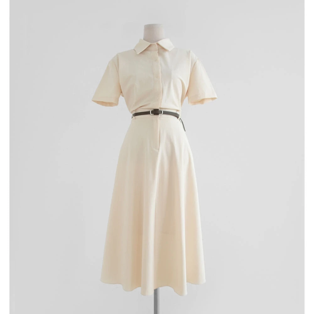 Autunno coreano vintage elegante chic abito lungo da donna bavero manica corta cintura in vita abito camicia minimalista da ufficio signora