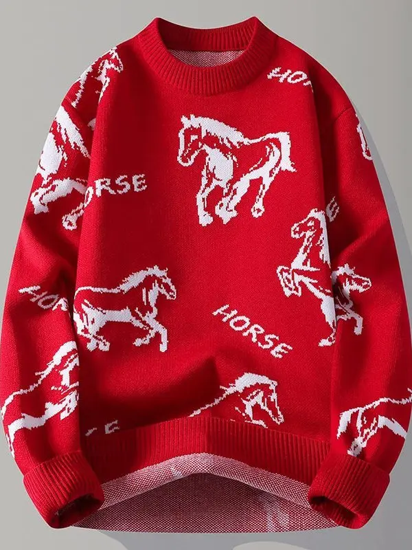 

Новинка! Мужской вязаный свитер красного цвета на Новый год. Теплый осенне-зимний повседневный лонгслив с круглым вырезом.