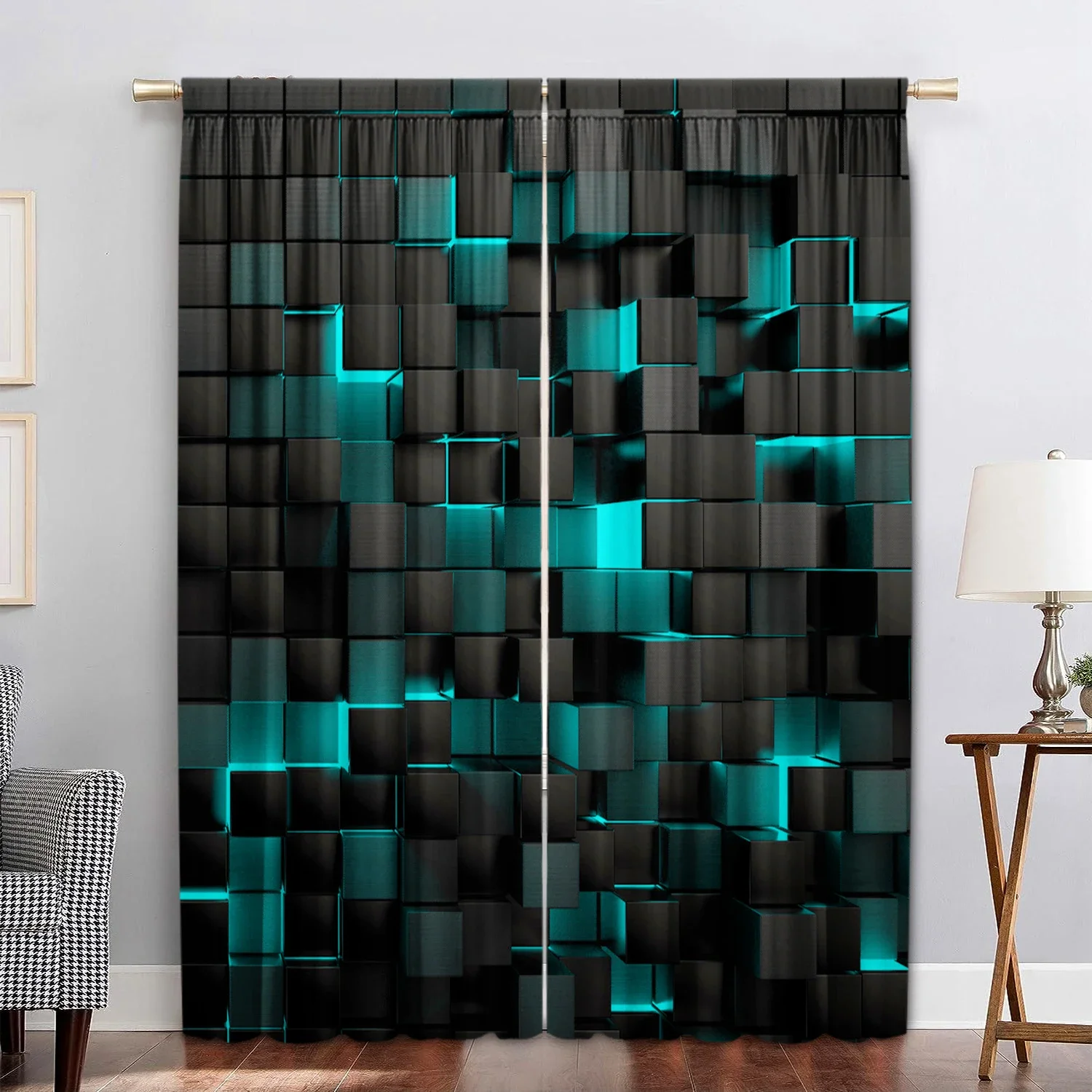 2PC Black Teal 3D Cube Light Sheer Curtains - Modern Futuristic Geometric Print Window Drapes for Living Room Bedroom Decor