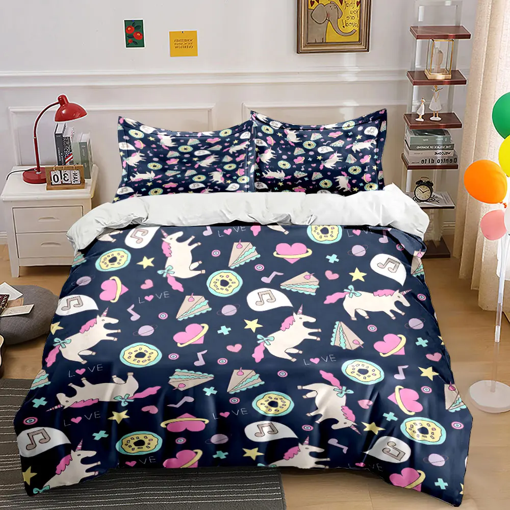 Cute unicorn and dessert pattern background Print Bedding set 3PC 1 duvet cover 2 pillowcases adult and children bedding set