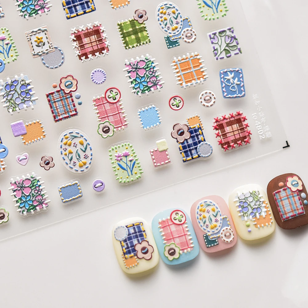 

Kawaii цветок геометрия плед 5D наклейка для дизайна ногтей крошечные подвески на пуговицах милые клетчатые самоклеящиеся украшения маникюр наклейка DIY