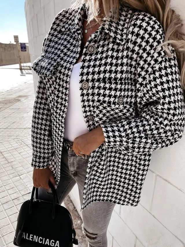 Women's Clothing Autumn and Winter New Fashion Commuter Houndstooth Polo Collar Printed Woolen Coat