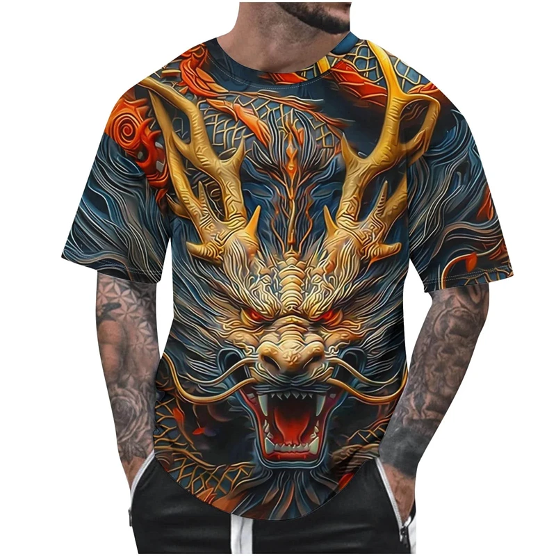 Cool Oriental Dragon T-shirt Men's Clothing O Neck Regular Tees Tops 3D Print Unique Design Casual Fashion Street Trend T Shirts