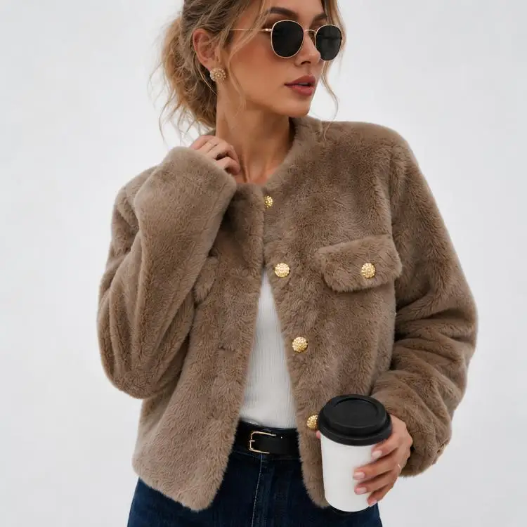 Women's Brown Faux Fur Short Jacket with Gold Buttons Cozy Round Neck Coat for Autumn Winter