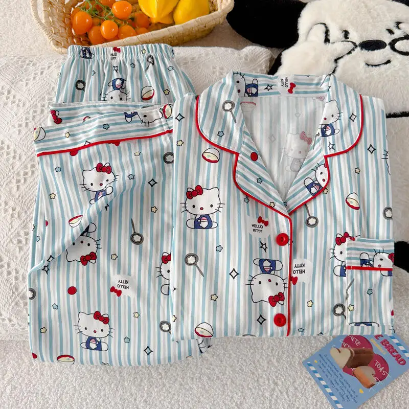 حار جديد أنيمي لطيف مرحبا كيتي المرأة بيجامة الكرتون صورة Kawaii الحلو نمط فتاة ملابس المنزل في سن المراهقة طويلة الأكمام بنطلون بيجامة