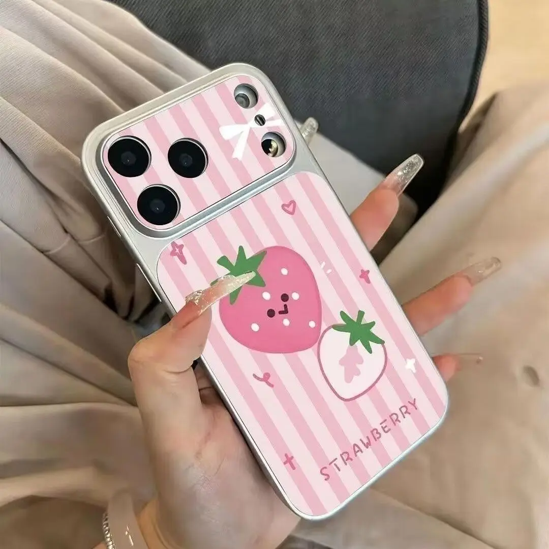 Funda para Teléfono con Diseño de Fresa a Rayas Rosa Dulce para iPhone 17 Air 17 16 Pro Max 15 14 13 12 11 Pro Max 16E XR XS Plus con Ventana Grande