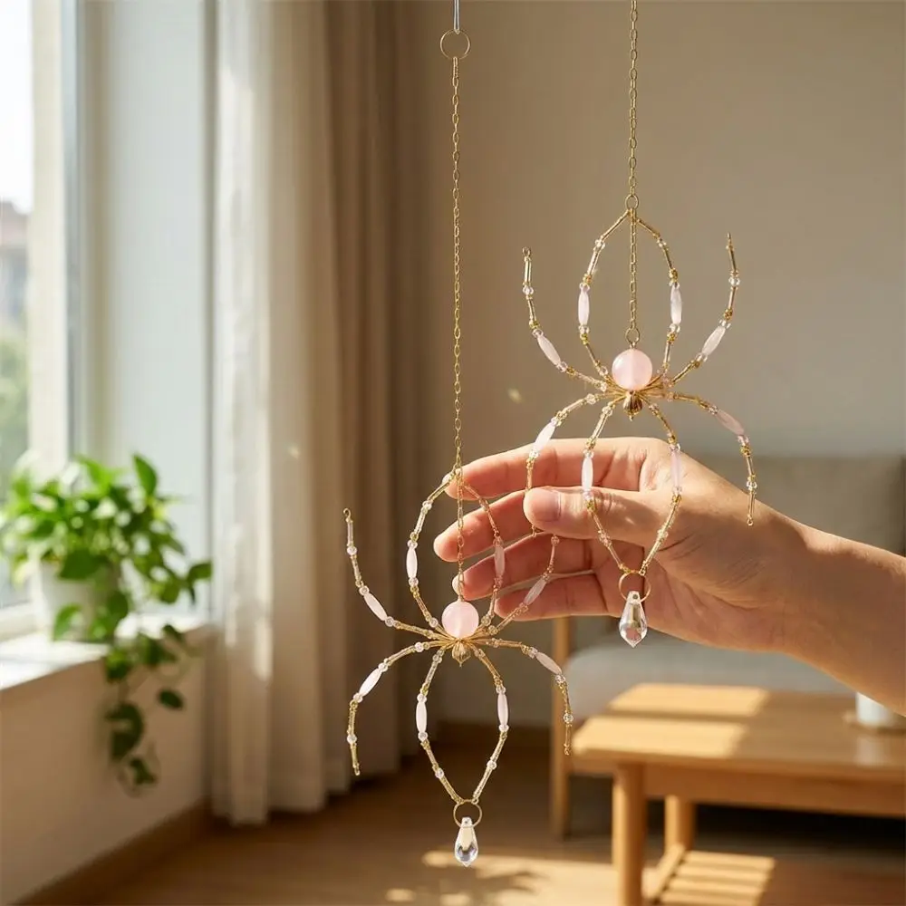 Eight-Leg Spider Shape Crystal Spider Sun Catcher Handmade Beaded Wire Garden Spider Pendant Gold-Tone Chain Exquisite