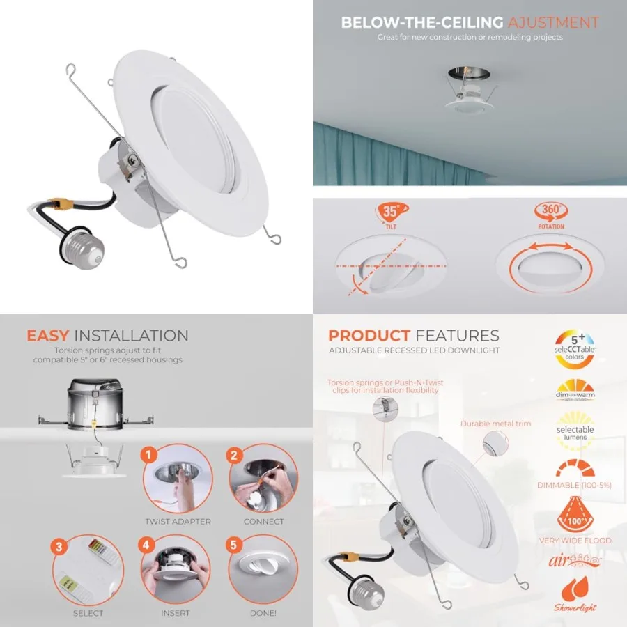 

RA 6 inch LED Recessed Light Trim with Adjustable Gimbal, Selectable Lumens and Selectable Color Temperature, Dim-to-Warm Featu