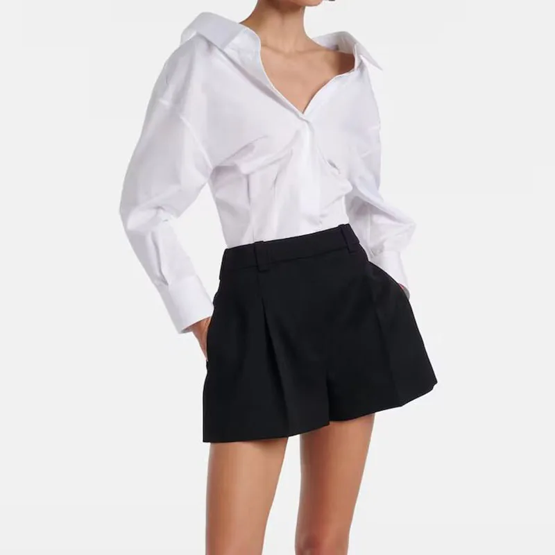 

Design-inspired pleated fitted blouse for women. Loose and slim V-neck formal long-sleeved shirt. 2026 new style.