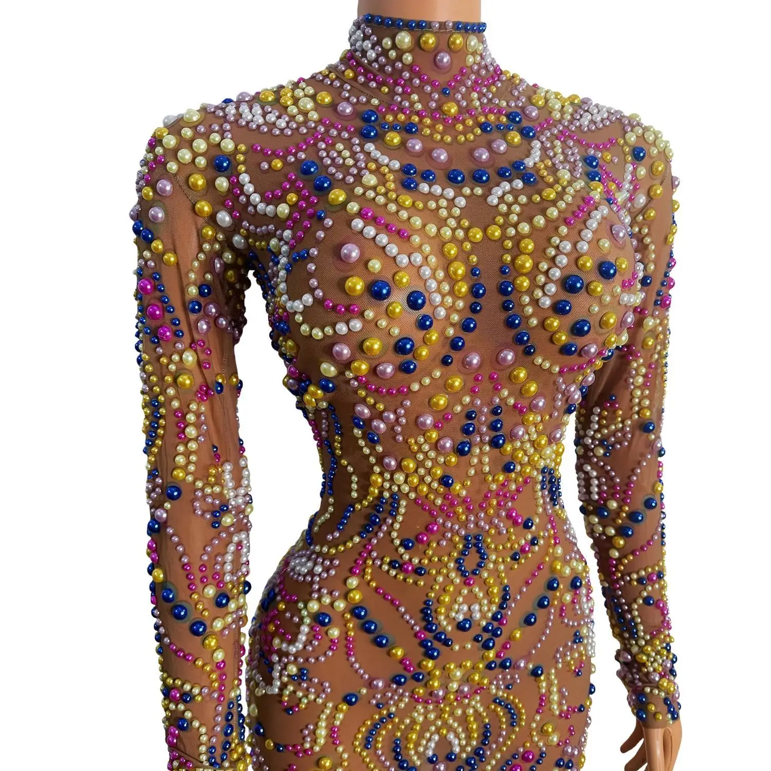 Yeguang Women Nude Mesh Multicolor Pearl Rhinestone Dress Long Sleeve High Neck Crystal Embellished Birthday Party Outfit