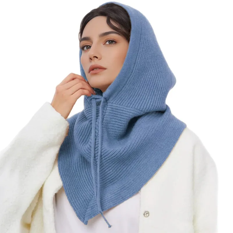 Neue einfarbige, einfache gestrickte Balaclava-Mütze mit Schal, Winter-Zwei-in-Eins-Mütze mit Kordelzug, warme Nackenschutz-Beaniemütze für Damen. – Detail 6
