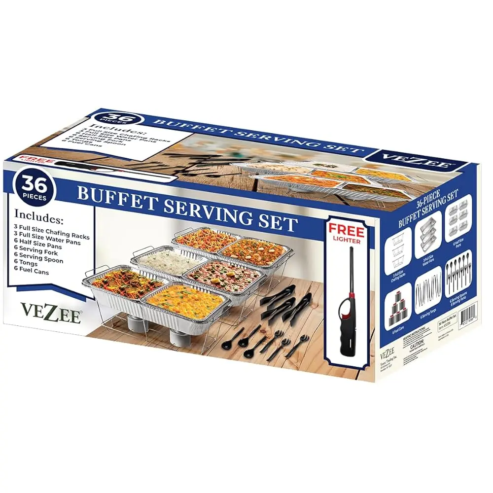 

Chafing Dish Buffet Party Set 36 Pc With Servers And Warmers, Serving Kit Ludes Fuel, Wire Racks, Foil Pans