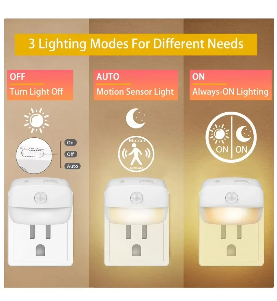 LED Night Lights Plug into Wall Night Lamp Motion Sensor Auto-On/Off Nightlight for Kids Room Bedroom Bathroom Hallway Kitchen