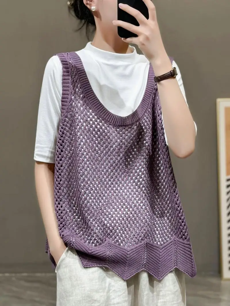 

Slim Fit Solid Color Hollow Out Sleeveless Tank Top Cashmere Knitted Vest