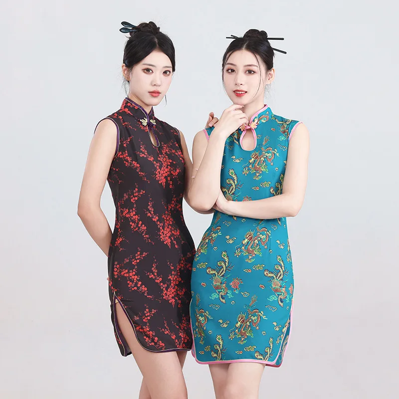 

Женское платье-ципао в стиле ретро с принтом китайского дракона и воротником-стойкой, элегантное платье-чонсам в винтажном стиле для повседневной носки и вечеринок