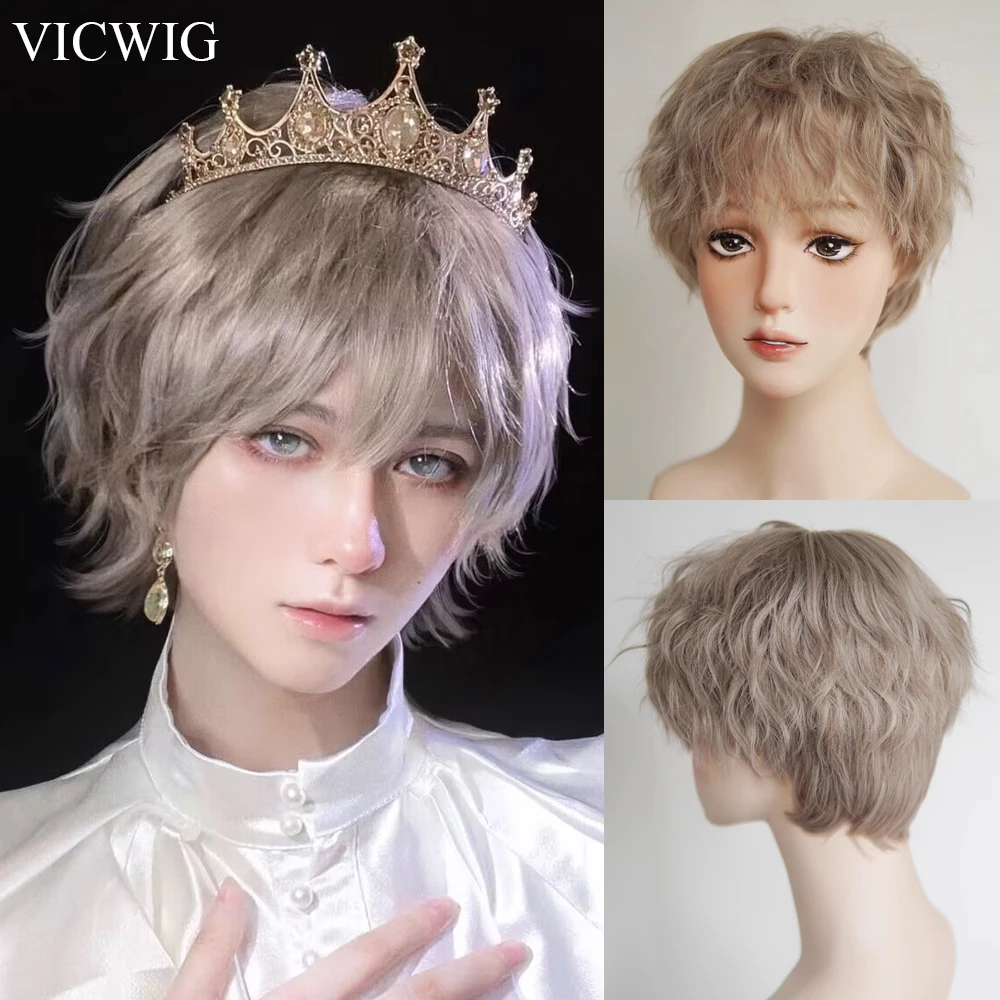 

VICWIG Anime Brown Synthetic Men and Women Cosplay Wig with Bangs Short Wavy Natural Fluffy Hair Wig for Daily Party