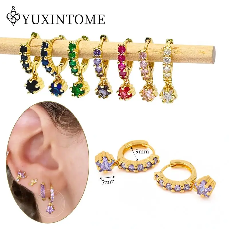 

925 Silver Ear Needles Star Zircon Pendant Hoop Earrings For Women Metal Multi-color Luxury Crystal Earrings Fashion Jewelry