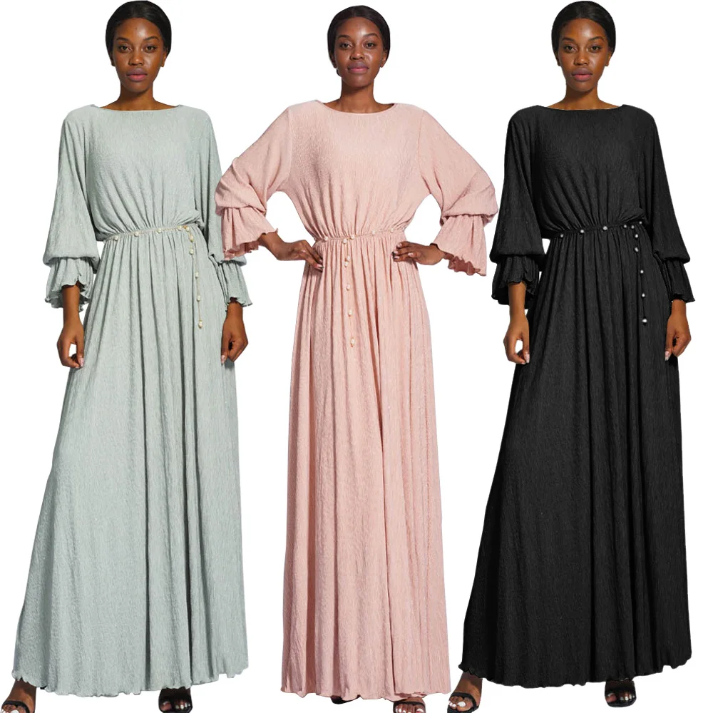 

Elegant Women Muslim Abaya Wrinkle Strech Long Maxi Dress Turkey Arab Ramadan Party Gown Belted Kaftan Femme Jalabiya Caftan Eid