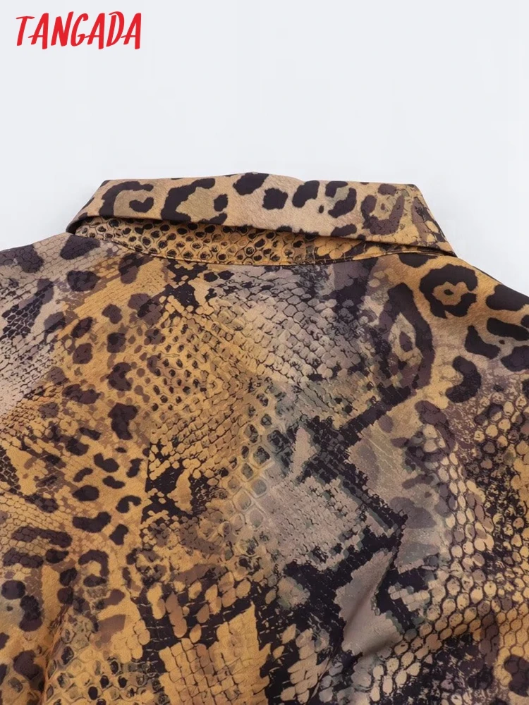 Tangada 2024 Spring Women Leopard Print Dress With Slash Ladies Shirt Dress XN31