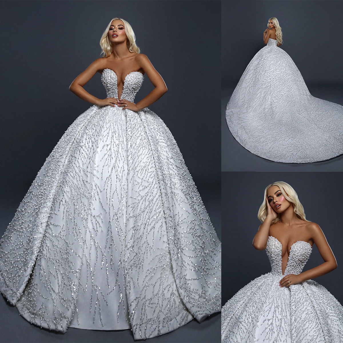 

Glamorous Ball Gown Wedding Dresses Sweetheart Luxury Design Sequin Pearls Bridal Sweep Train Backless Customized Robe De Mariée