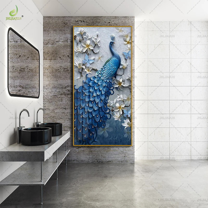 Luxury new gold frame peacock animal graphic living room crystal porcelain mural home decoration LED wall art