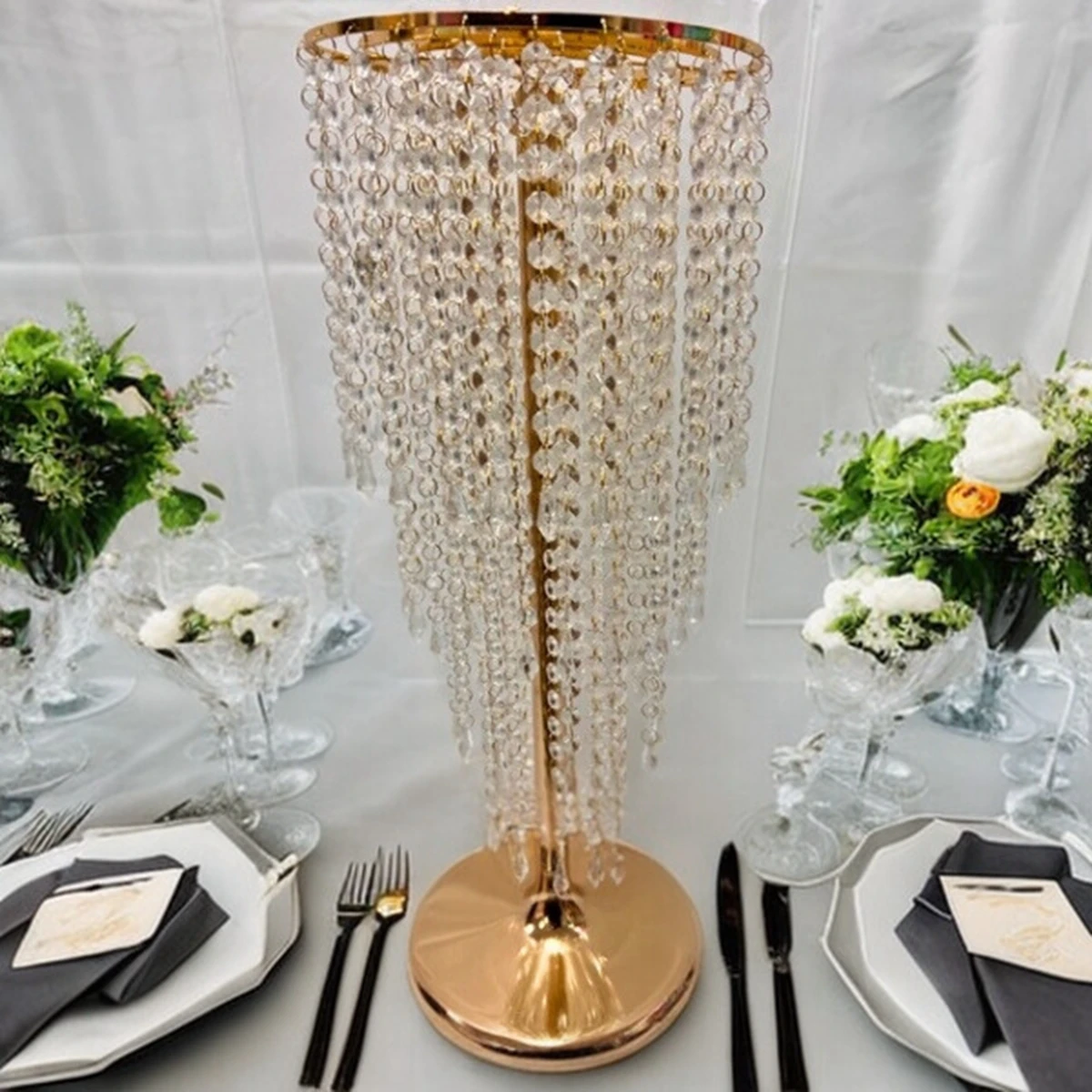 2pcs)Crystal Flower/Candle Metal Stand Centerpiece with Chandelier Acrylic Beads W27