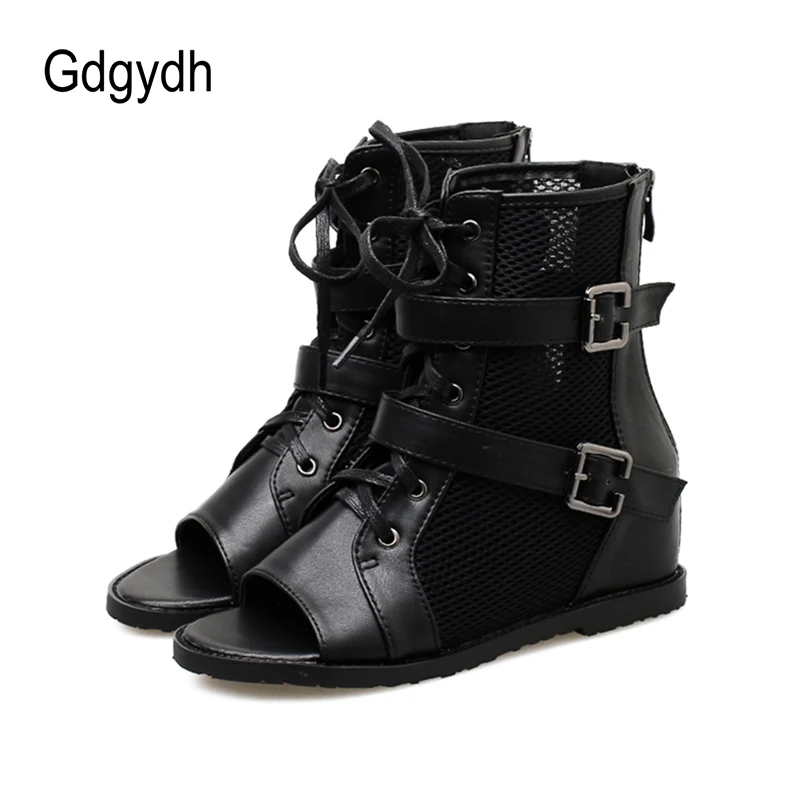 Gdgydh Gauze Anime Cosplay Shoes Women Open Toe Height Increased Summer Boots Woman High Top Belt Buckle Japanese Korean Retro