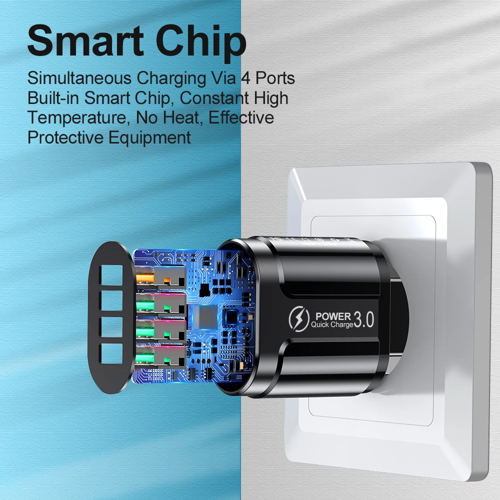 48W 4-Port USB Fast Charger QC3.0 Fast Charging Station for iPhone Samsung Xiaomi Tablet Travel Wall Adapter EU US KR Plug