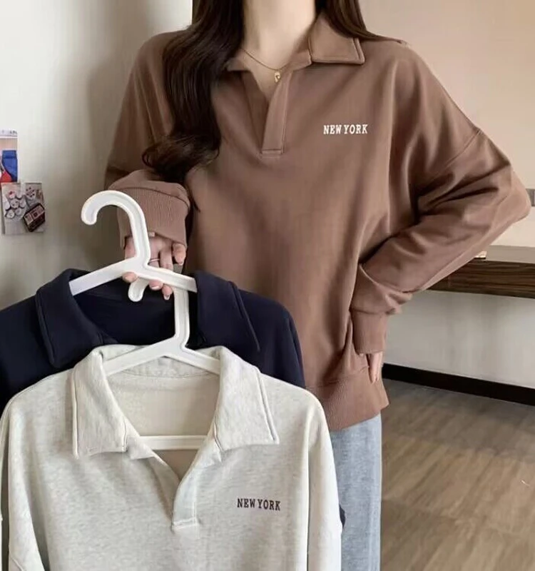 

Trendy Collar Sweatshirt Women's Loose Thin Long Sleeve Autumn Fashion Casual Comfortable Polyester Cotton Blend Top