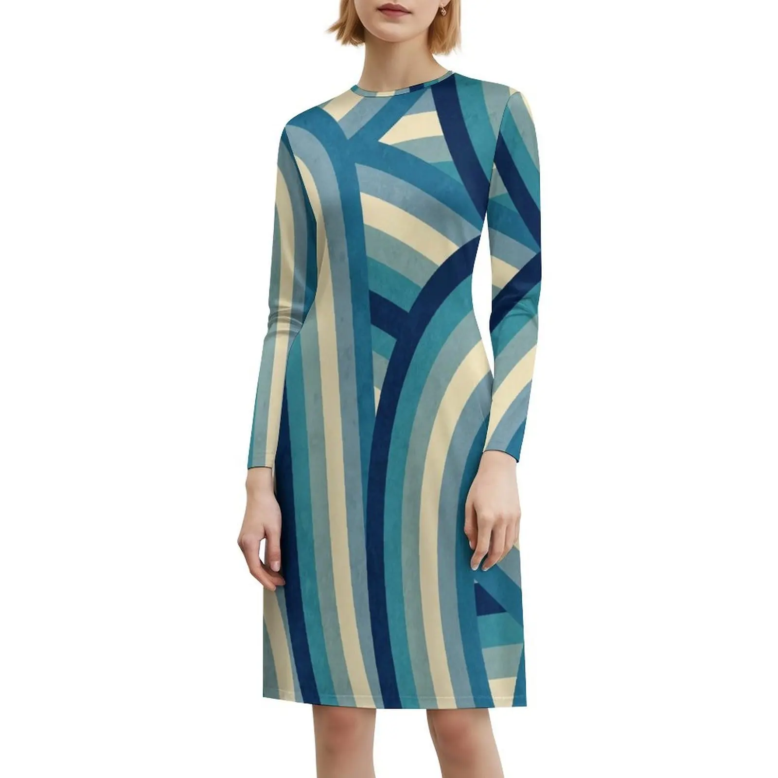 خمر تلاشى 70'S نمط الأزرق قوس قزح المشارب الأزهار سموك فستان للنساء الربيع الصيف فستان كاجوال للحزب كاليفورنيا كالي