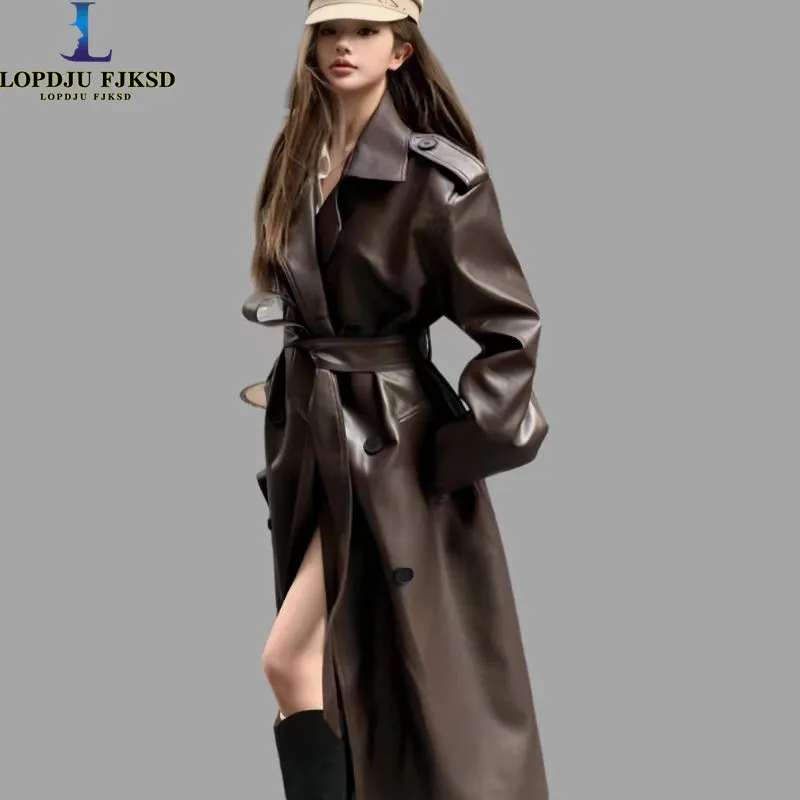 Long PU Leather Coat for Women, V-Neck Jacket, Adjustable Waist, England Style,High Quality, Autumn and Winter,2024