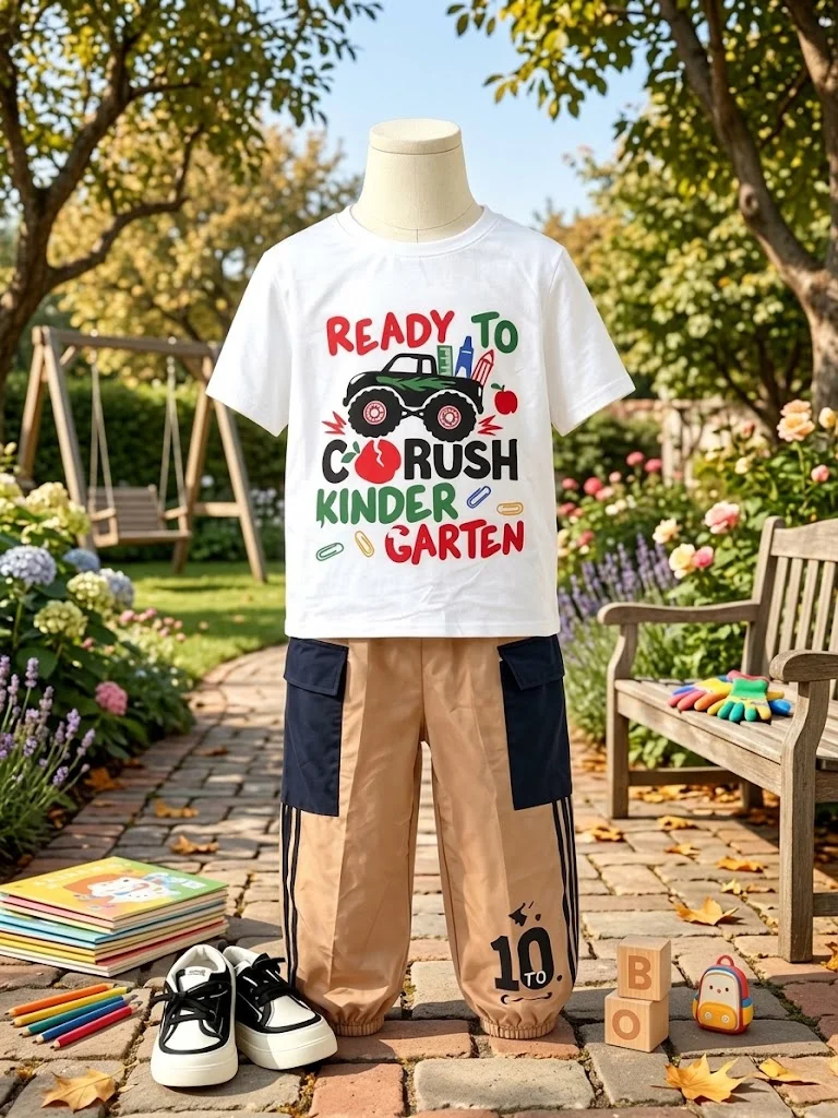 Boys 2Pcs Outfit Monster Truck Letter Print Short Sleeve T-shirt + Pocket Cargo Jogger Pants Kids Casual Clothes Set For 5-13Y