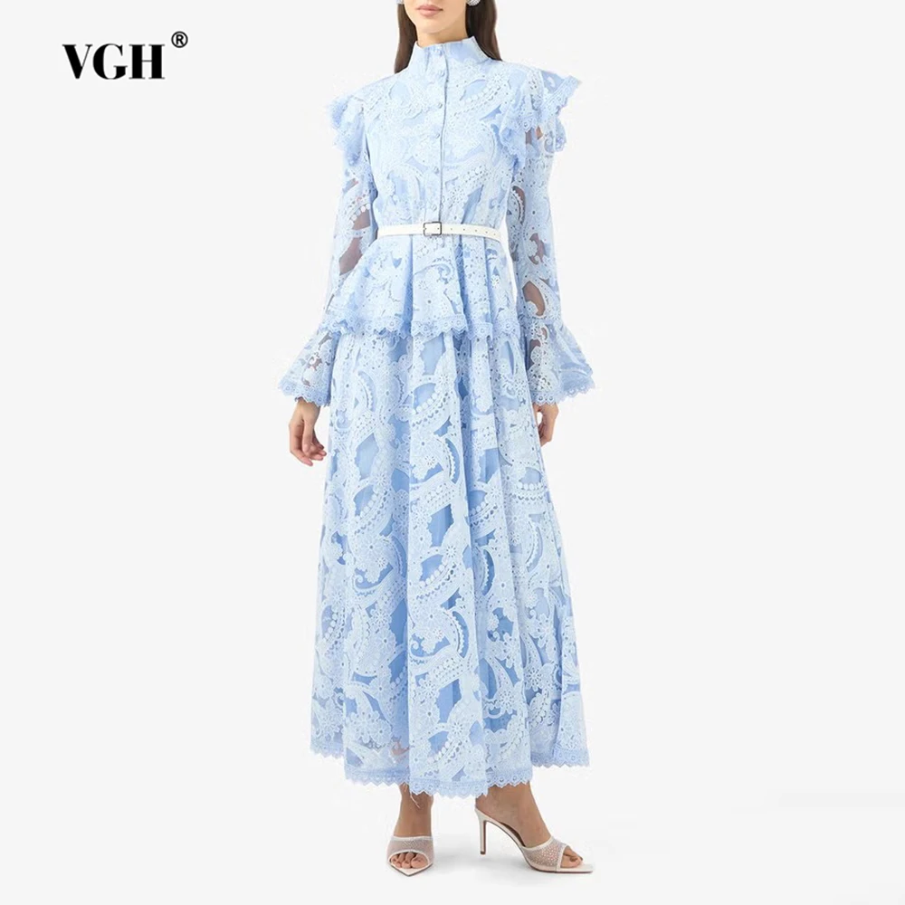 

VGH однотонное свадебное вечернее платье для гостей для женщин, воротник-стойка, расклешенный рукав, высокая талия, шикарное платье средней длины, женское новое