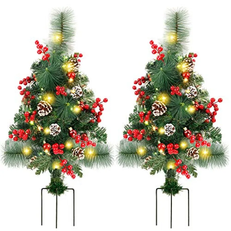 

Set of 2 30 Inch Pre-Lit Pathway Christmas Trees Urn Filler, Outdoor Christmas Tree Decorations for Porch, Driveway, Yard, Gard
