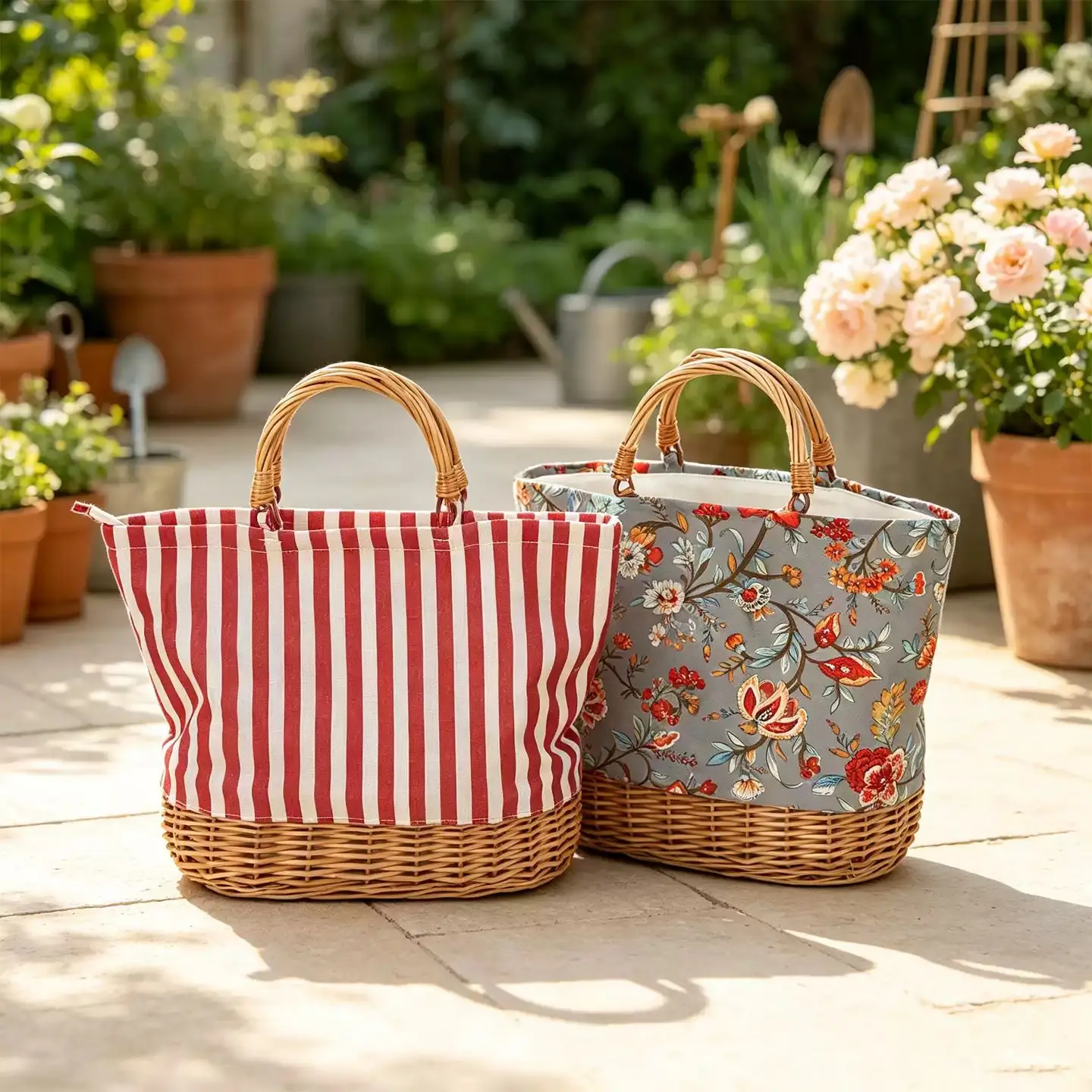 Willow Wicker Picnic Basket Bag, Floral or Striped Market Tote with Handles, Insulated Cooler Basket for Shopping Outdoor Picnic