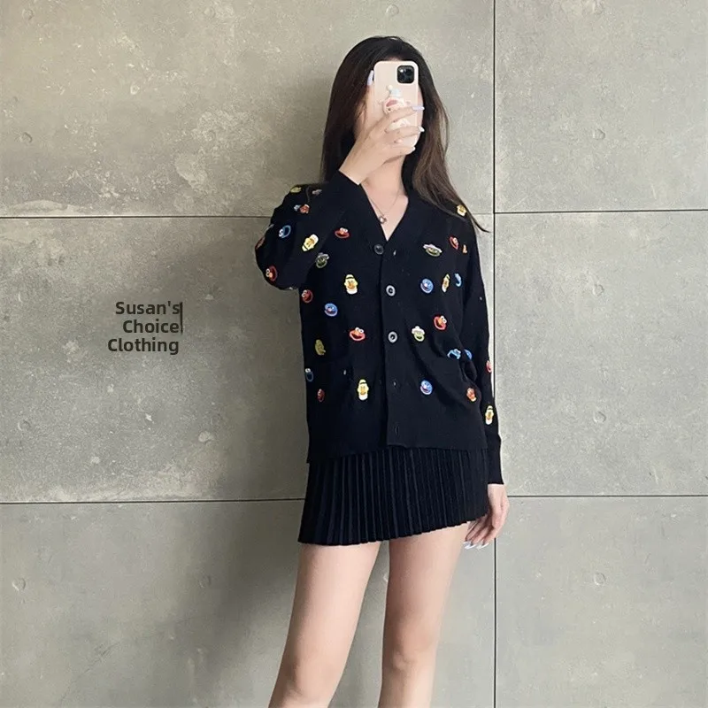 

Susan Knitted Cardigan Cute Cartoon Embroidery Pattern Casual Versatile Long Sve V-Ne Cotton Commute Sle Spring Faion