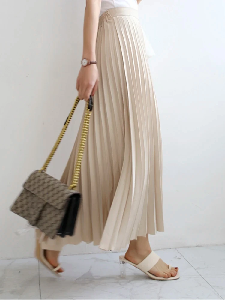 Elegant Long Pleated Skirt Women Spring Autumn Solid Elastic Waist A-line Slim Luxury Midi Skirt Vintage Female