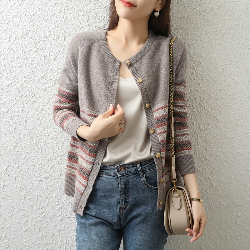 Light Luxury Spring Autumn Winter Women Sweater 100% Merino Wool Fashion Knitted Cardigan Long Sleeve CLothing Tops Soft Outerwe