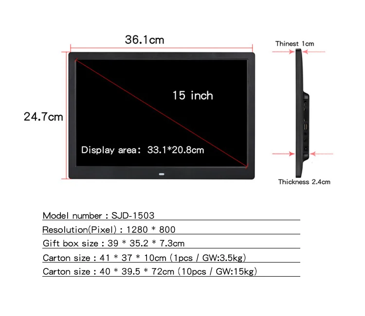 Descárguelo reproductor de vídeo MP3 MP4 15 pulgadas wifi Sensor de movimiento LED marco de fotos Digital montaje en pared marco de fotos LCD