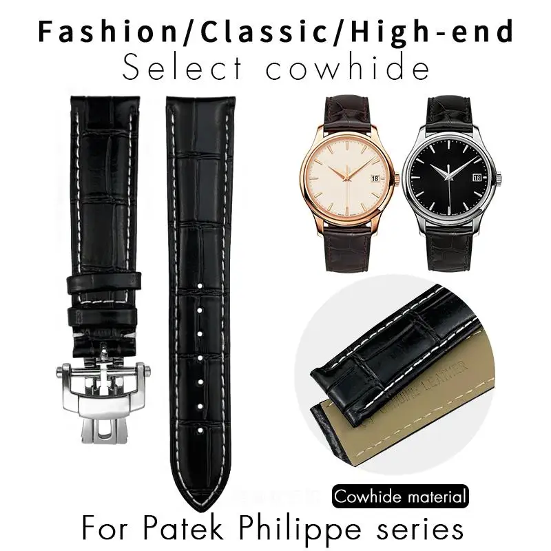 

High Quality Leather Watchband 19mm 20mm 21mm 22mm Fit for Patek Philippe Black Blue Brown Watch Strap PP folding Buckle