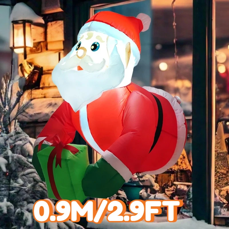 0.9M/2.9FT Inflatable Santa Claus Holding Gift Lights LED Home Holiday Lighting Decoration Xmas Supplies Garden Outdoor Decor