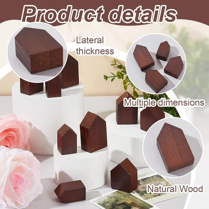 12Pcs 4 Sizes Coconut Brown Wooden House Shaped Blocks Arrow Shape Wooden Tray Plates Blank Wooden Cutouts Farmhouse