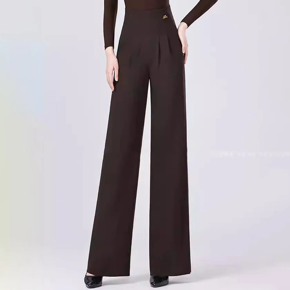 

Women's High Waist Latin Dance Pants Wide Leg Ballroom Salsa Tango Practice Performance Trousers Brown