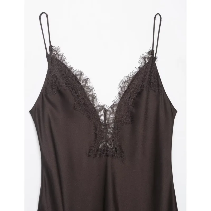 Sukienka damska wiosenna satynowa z koronką, seksowna, z odkrytymi plecami, cienkie ramiączka, asymetryczny dół, boczny zamek, elegancka, szykowna sukienka midi.