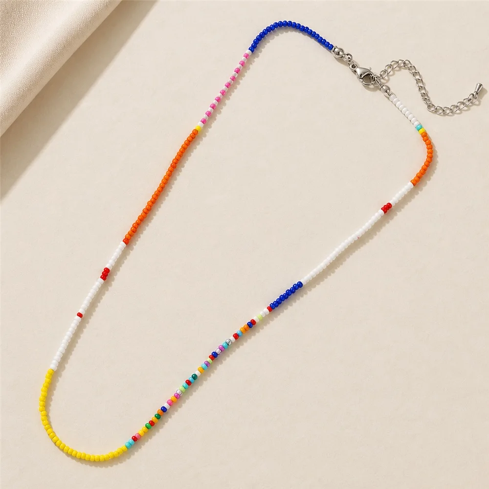 1pc Multicolor Seed Bead Chain Necklace with White Bead Sections and Bright Color Block Pattern Trendy Party Design