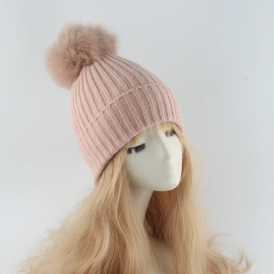 NEW Real Raccoon Fur Pom Pom Hats For Women Warm Striped Knitted Hat Winter Girls Fox Ball Beanies Skullies Outdoor Female Cap 5