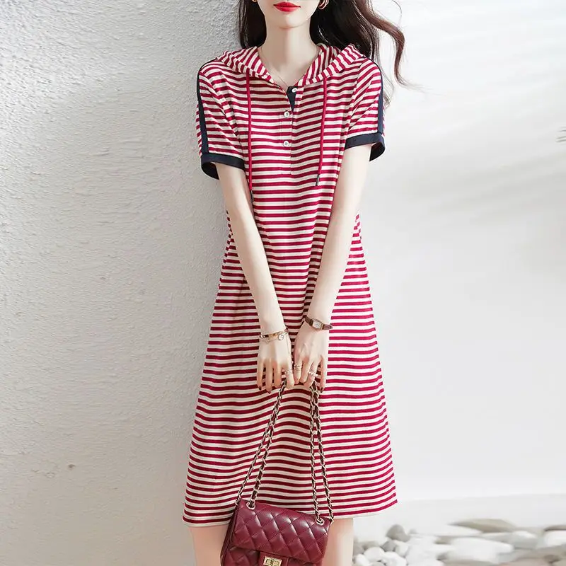 

Fashion Loose Summer Thin 2023 New Women's Clothing Preppy Style Simplicity Printing Striped Lacing Buttons Short Sleeve Dresses